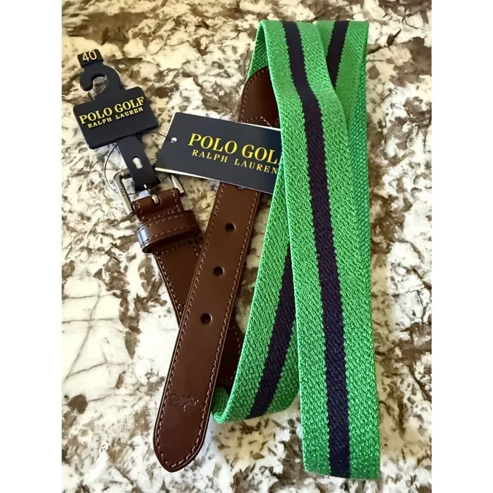 Polo Ralph Lauren Polo Golf Men’s Belt Green Navy Stripe Elastic Leather 40 NWT